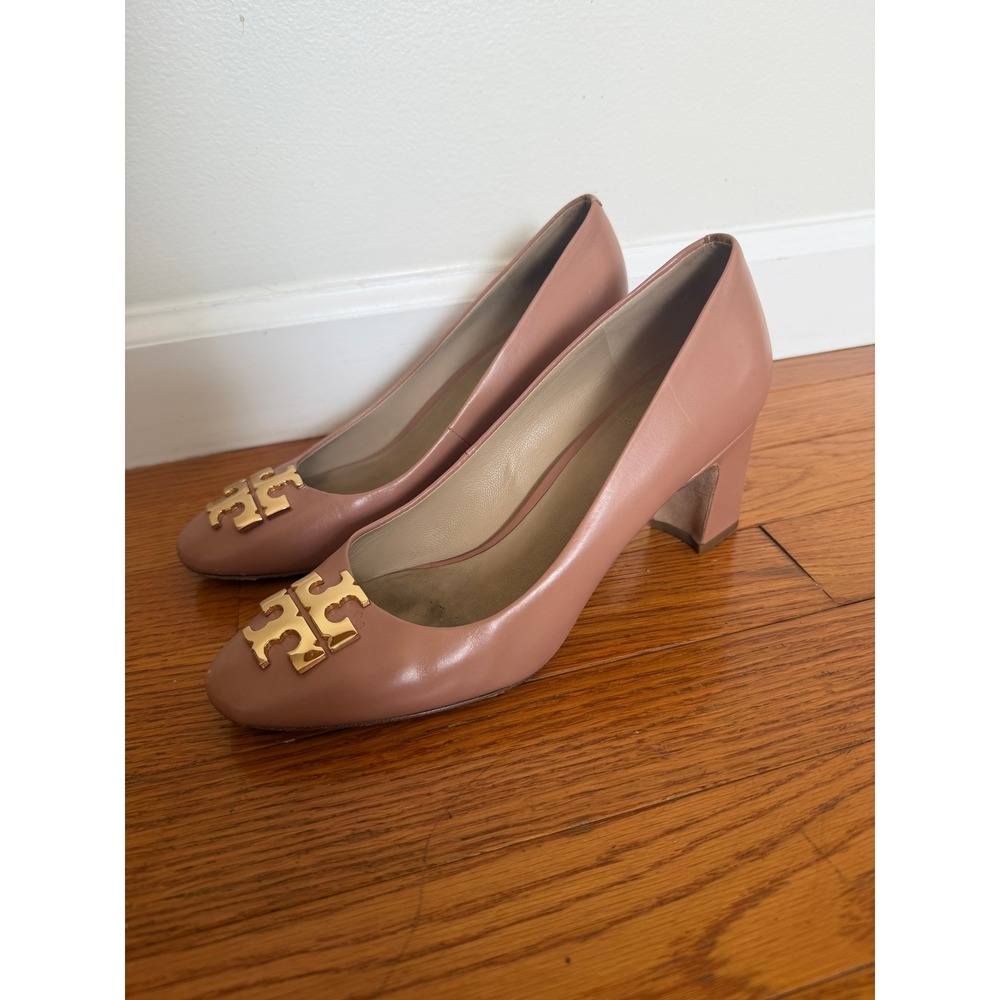Tory Burch Elise 65mm Block Heel Pump Size 6.5 Nude Dusty Rose Leather Gold Logo